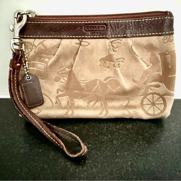 Coach Horse & Carriage Y2K Wristlet – Khaki Jacquard with Leather Trim - Picture 1 of 9